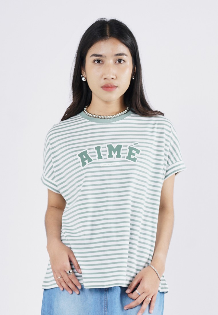 3Second Kaos Garis Wanita Lengan Pendek Oversized Fit Stripe Tee Anne C190325