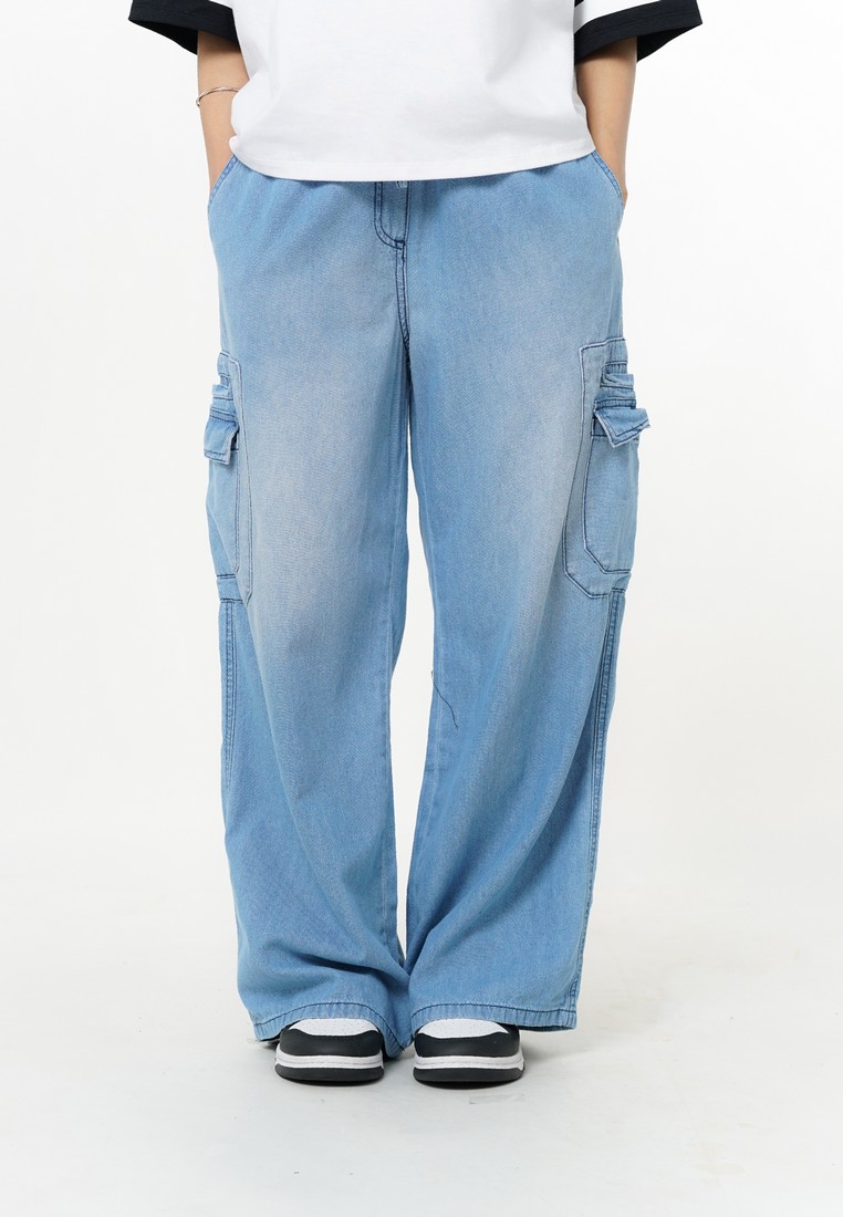 3Second Women's Long Cargo Pants Loose Fit Cotton Denim Sheina HP-C010226