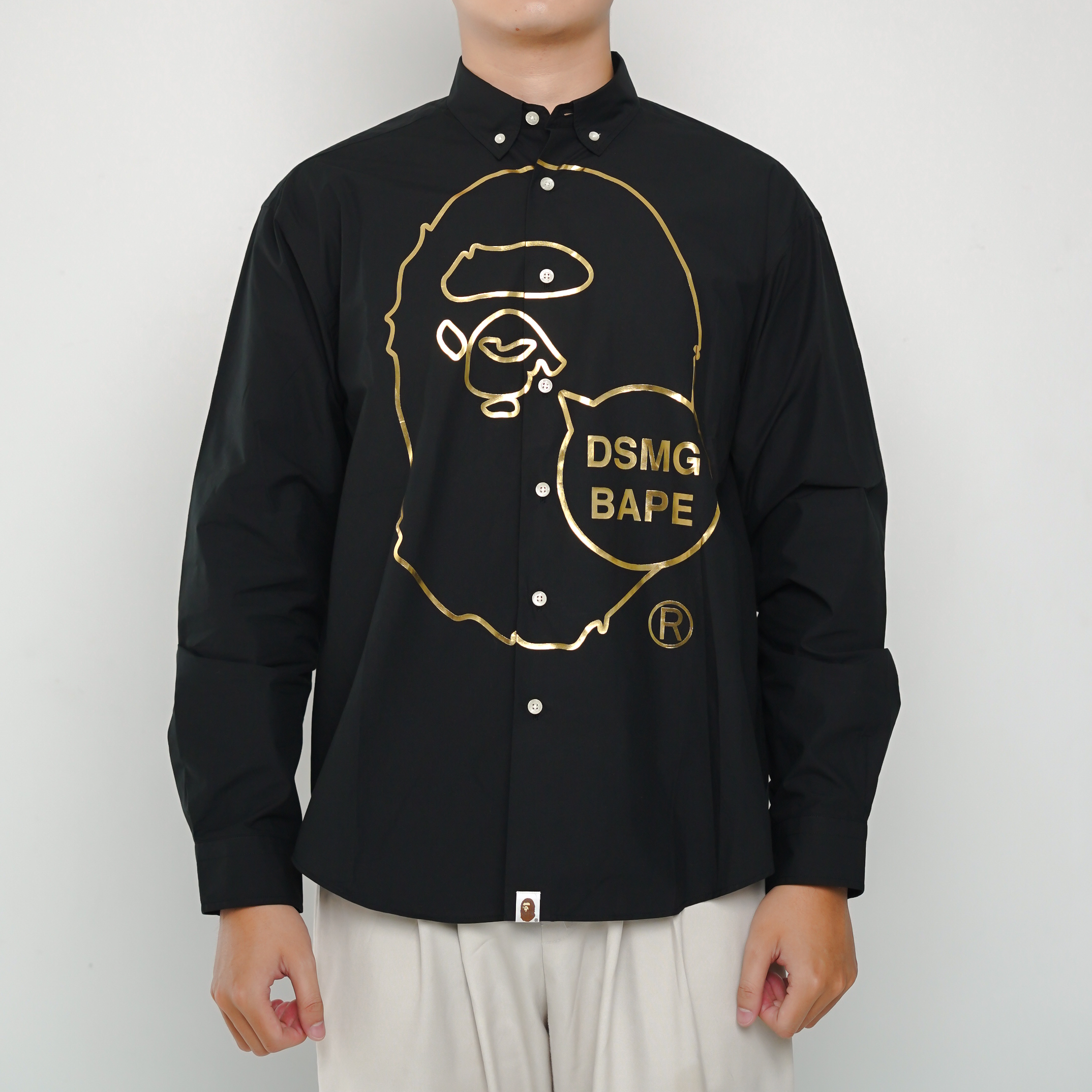 A Bathing Ape Kemeja BAPE DSMG EXCLUSIVE HEAD OUTLINE GOLD BLACK LONG SHIRT 100% ORIGINAL