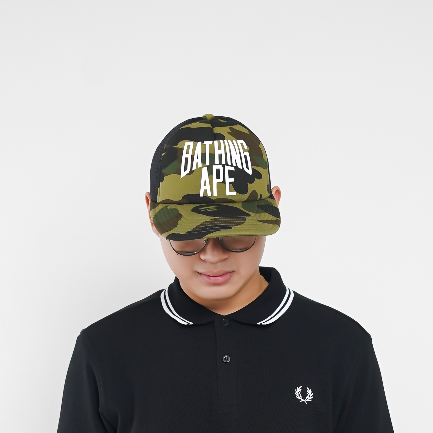 A Bathing Ape Topi BAPE TEXT WHITE HALF CAMO GREEN MESH BLACK CAP 100% ORIGINAL - OS ADJUST