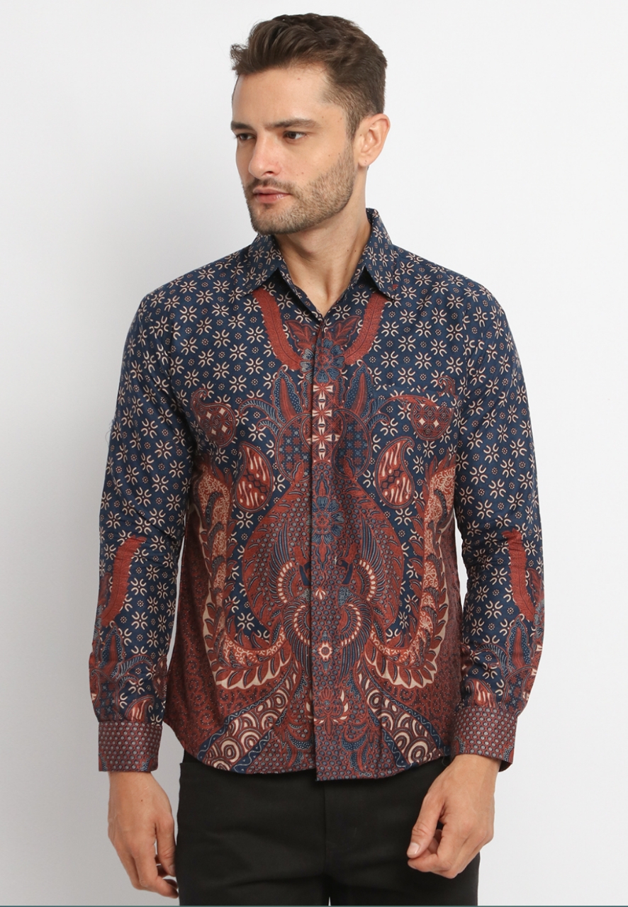 ABIROY Kemeja Batik Pria Premium Slimfit Elegant Modern Lengan Panjang Temboro Navy