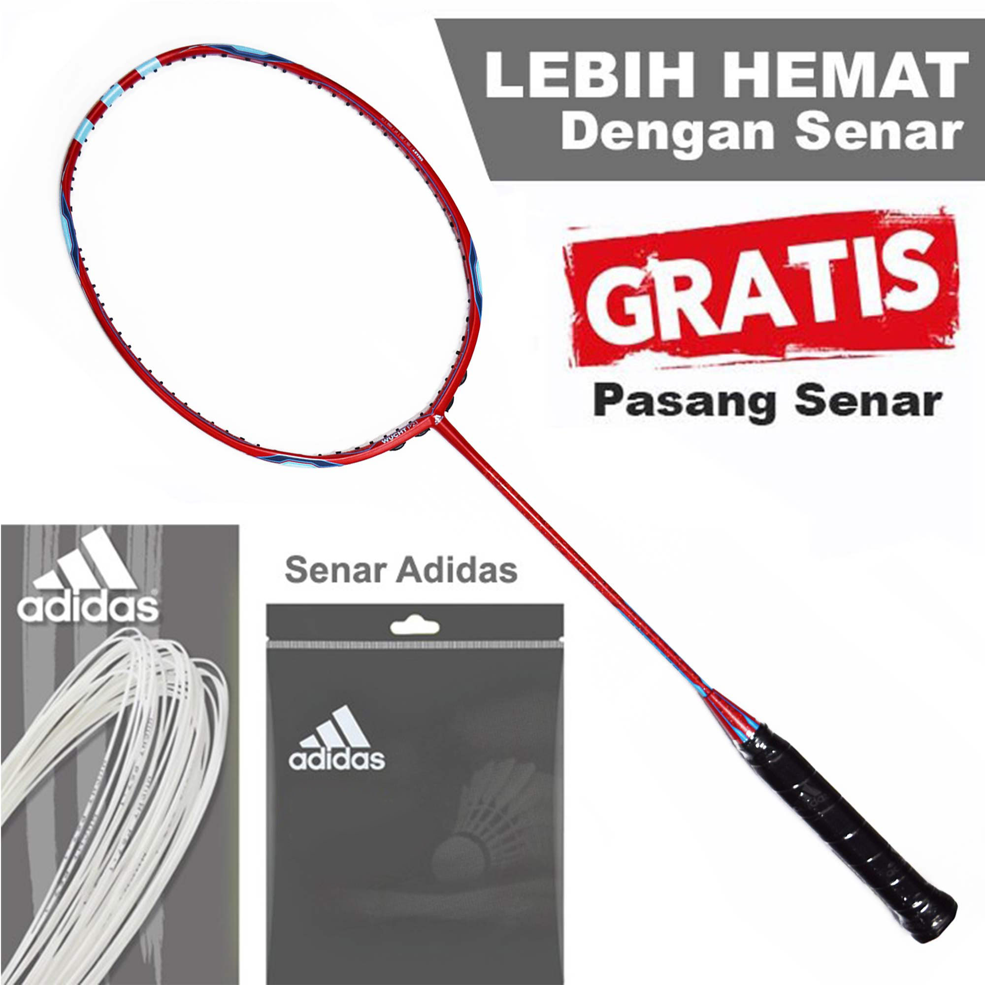 Adidas Badminton Paket Raket Bulutangkis Badminton Adidas Wucht P2.1 Vivid Red dan Senar Adidas wuch