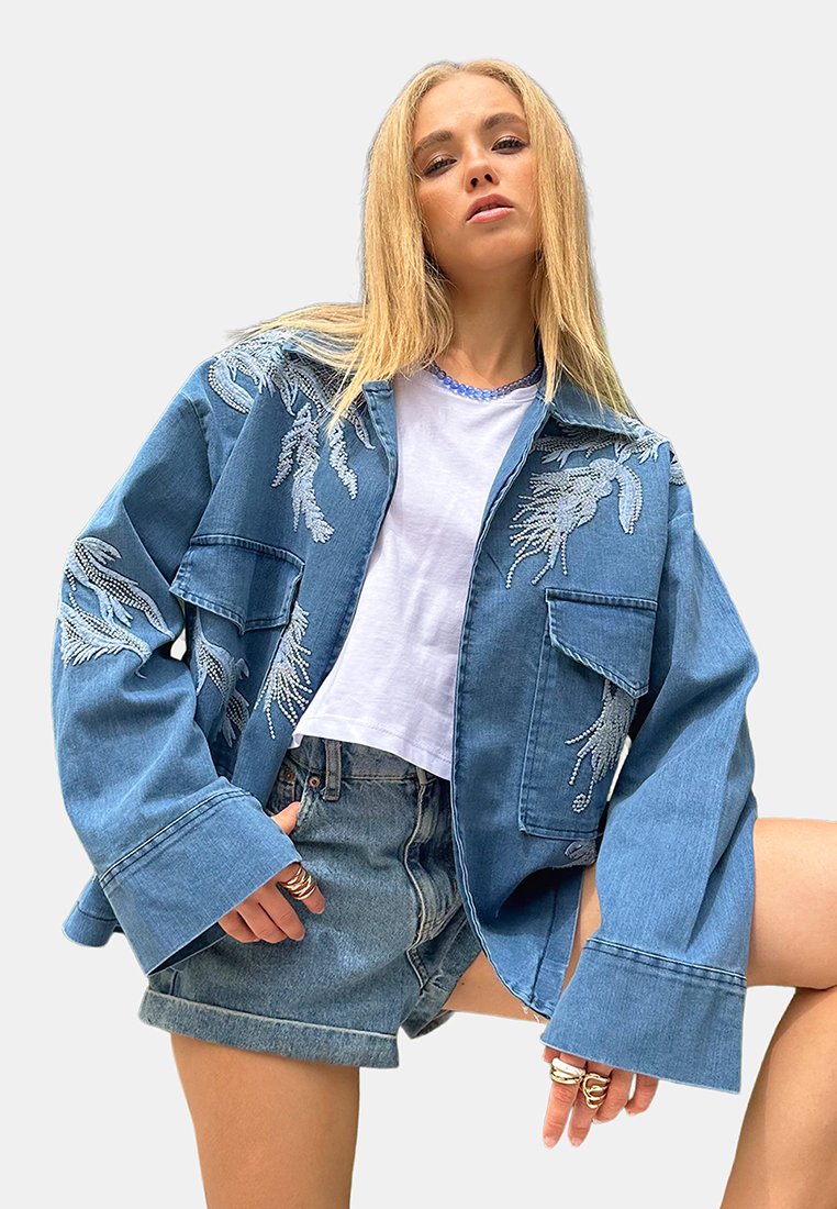 Alacati Embroidered Double Pocket Jean Jacket