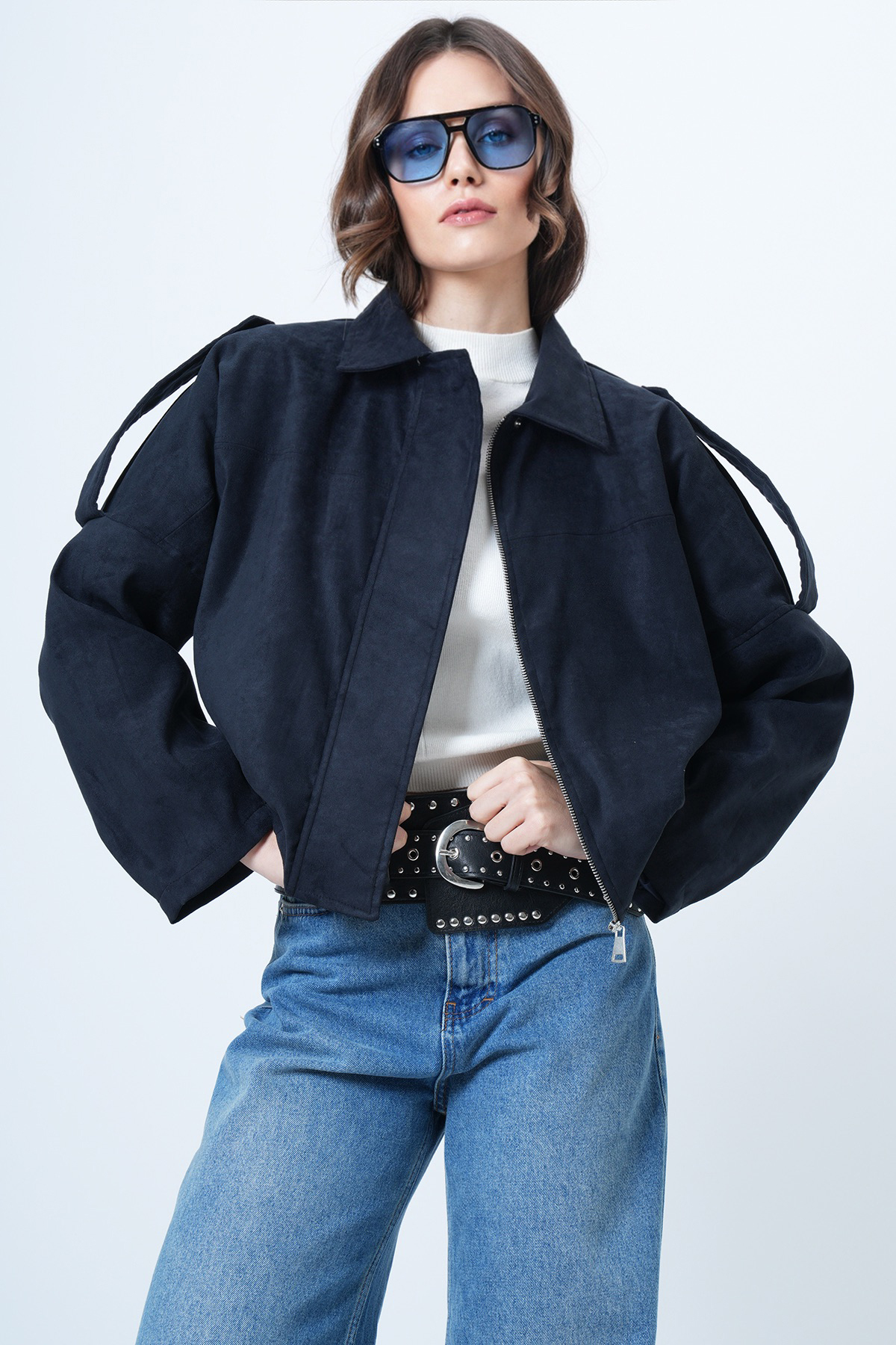 Alacati Navy Blue Shoulder Epaulettes Lined Faux Suede Bomber Jacket Alc-X14526