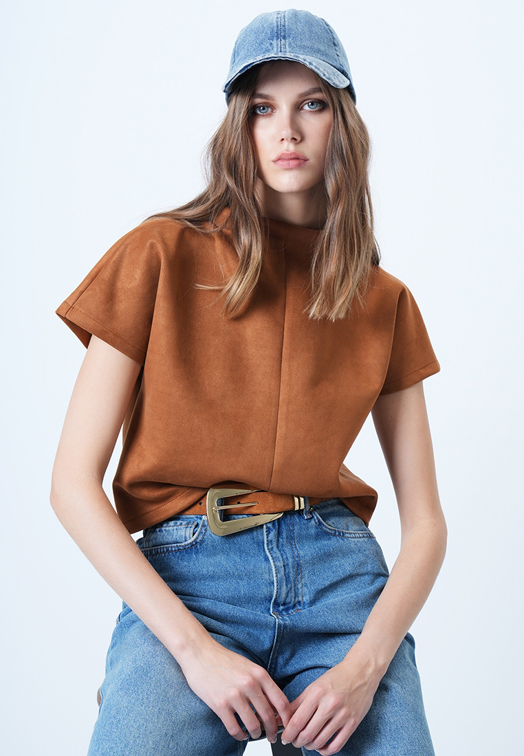 Alacati Stand Collar Hidden Zipper Faux Suede Blouse