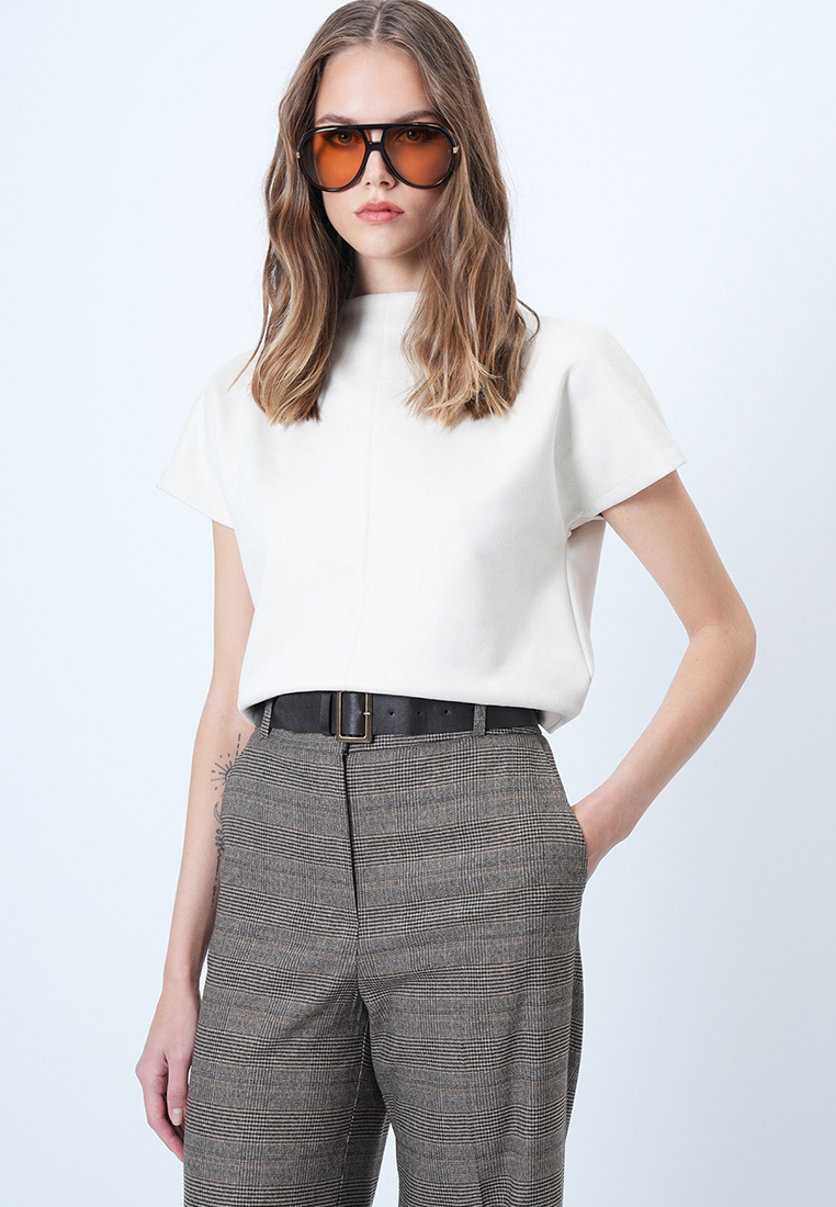 Alacati Stand Collar Hidden Zipper Faux Suede Blouse