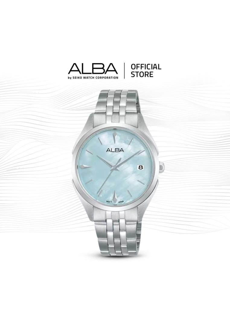 Alba Fashion Jam Tangan Wanita AG8P43 / AG8P43X1 Quartz Light Blue Mother of Pearl Pattern Dial Stai