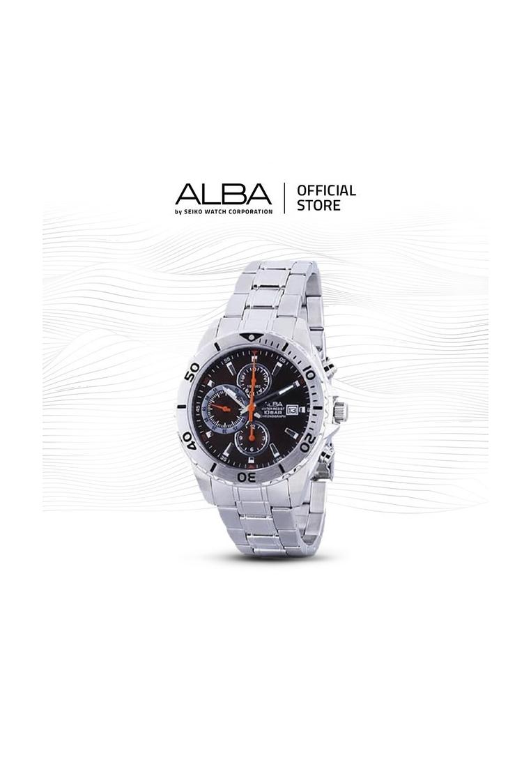 Alba Active Jam Tangan Pria Chronograph AF8M95 / AF8M95X1 Quartz Black Dial Stainless Steel Strap Wa