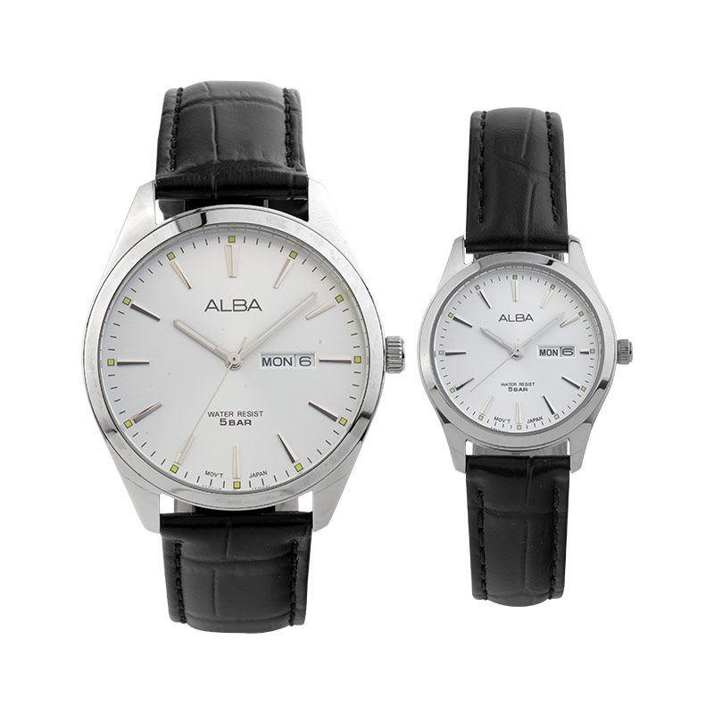 Alba Jam Tangan Couple Alba AN8089X1_AJ6193X1 Couple Silver Dial Black Leather Strap