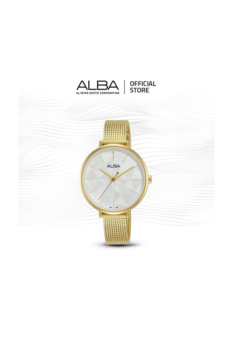 Alba Jam Tangan Wanita AH8674 / AH8674X1 Quartz Silver White Dial Gold Stainless Steel Mesh Bracelet