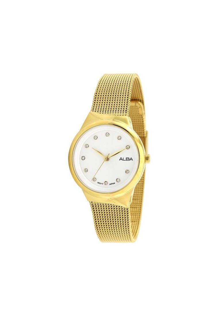 Alba Jam Tangan Wanita Fashion AH8616 / AH8616X1 Quartz Silver White Dial Gold Stainless Steel Mesh