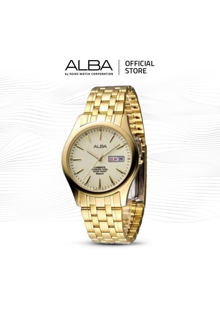 Alba Jam Tangan Pria AXND46 / AXND46X1 Quartz Beige Dial Gold Stainless Steel Watch