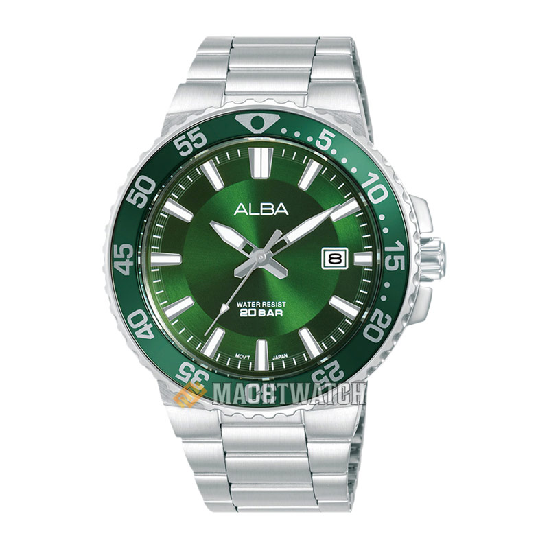 Alba Jam Tangan Pria Alba Active AS9S85X1 Men Green Dial Stainless Steel Strap