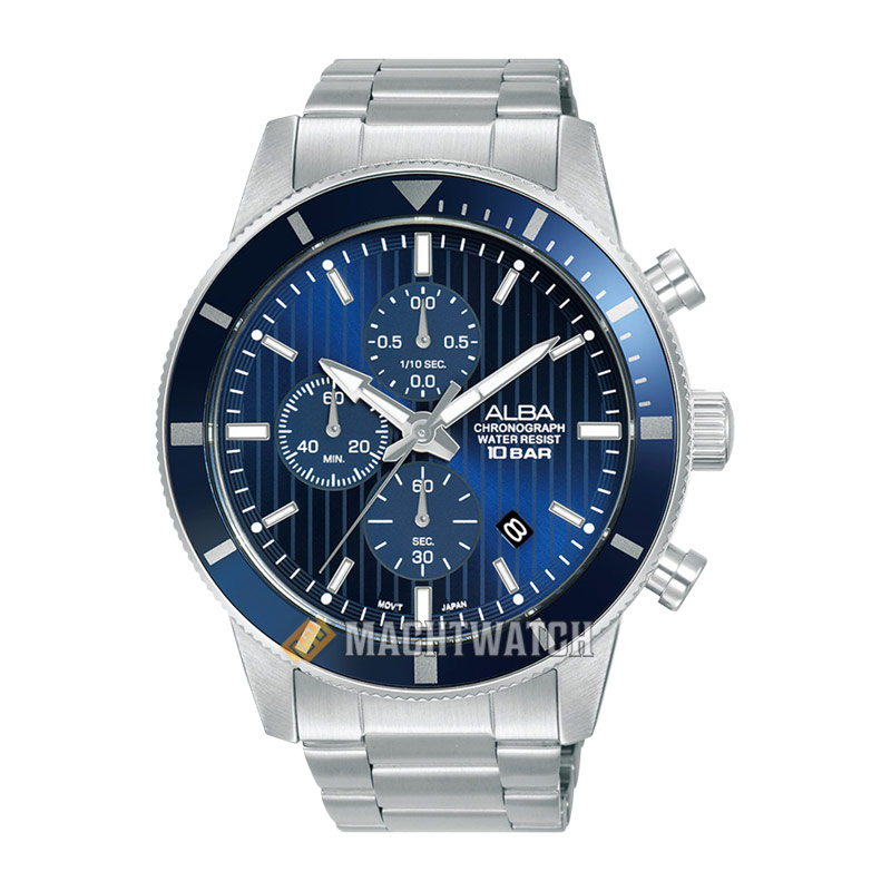 Alba Jam Tangan Pria Alba Active AM3955X1 Chronograph Men Blue Patterned Dial Stainless Steel Strap