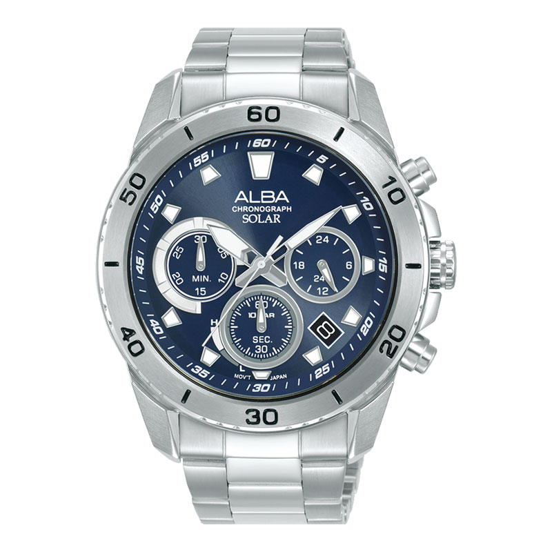 Alba Jam Tangan Pria Alba Active AZ5013X1 Men Solar Chronograph Blue Dial Stainless Steel Strap