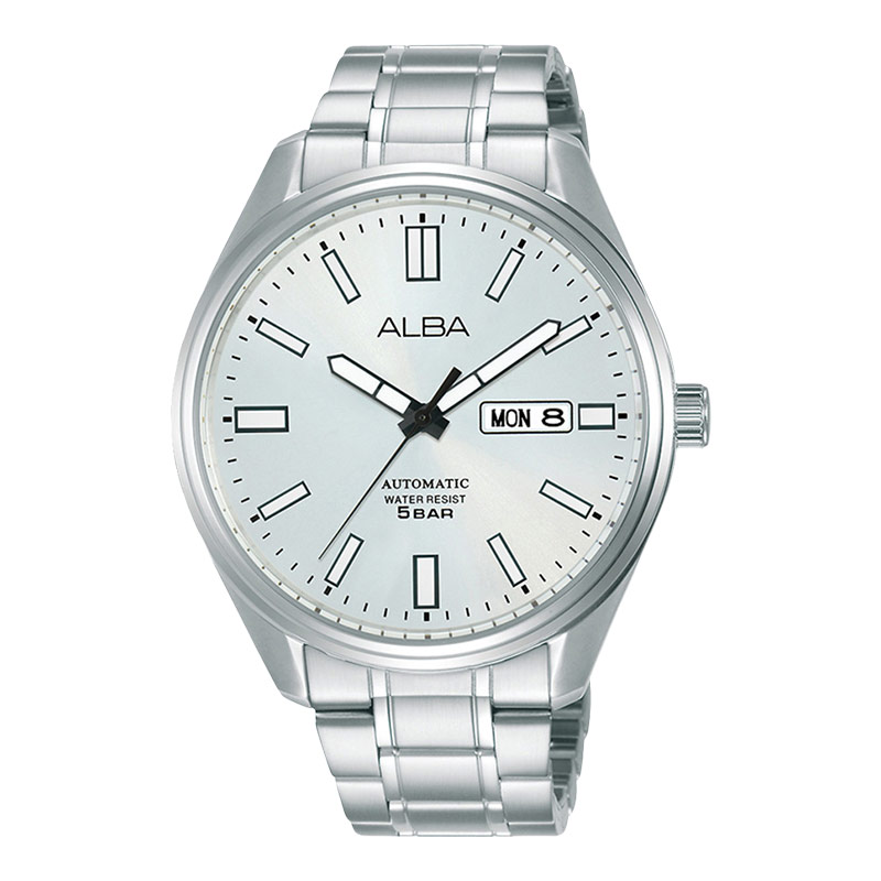 Alba Jam Tangan Pria Alba Mechanical AL4153X1 Automatic Men Silver White Dial Stainless Steel Strap