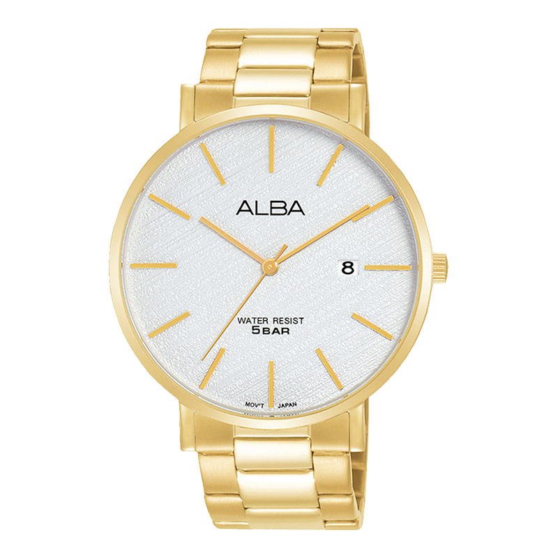 Alba Jam Tangan Pria Alba Prestige AS9K08X1 Men White Pattern Dial Gold Stainless Steel Strap