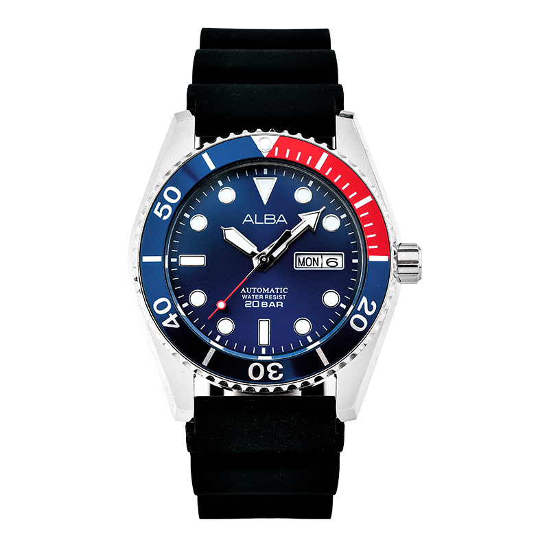 Alba Jam Tangan Pria Alba AL4425X1 Automatic Men Blue Dial Black Silicone Strap