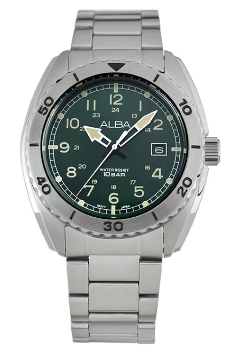 Alba Jam Tangan Pria Alba Sport AS9U71 AS9U71X1 Strap Stainless Steel Silver Color Green Case Black 