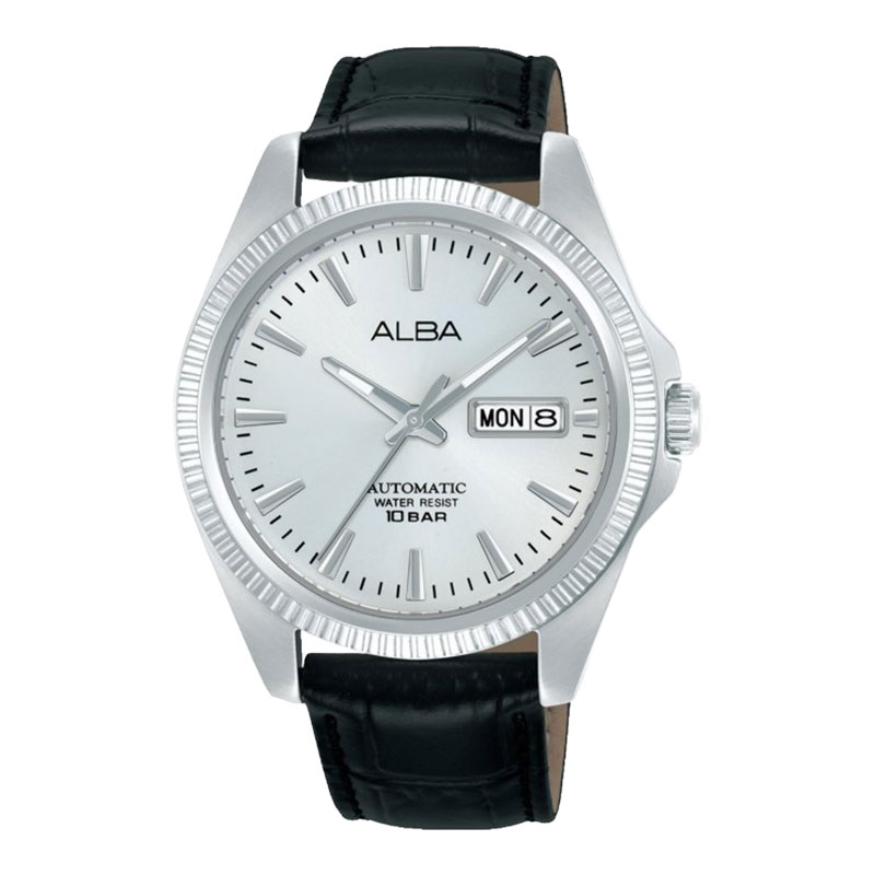 Alba Jam Tangan Pria Alba Mechanical AL4813X1 Automatic Men Silver Dial Black Leather Strap