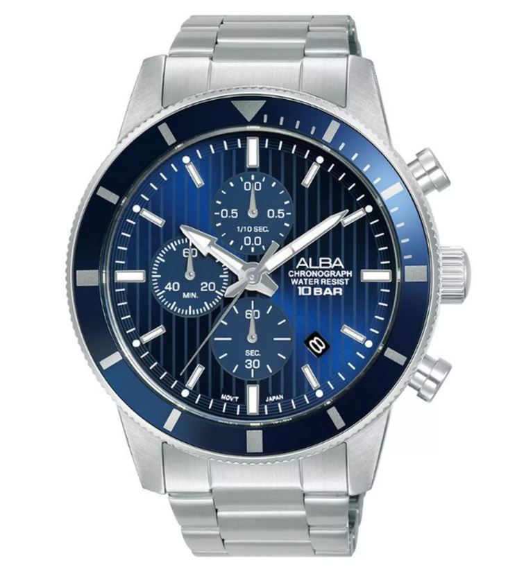 Alba Jam Tangan Pria ALBA Active AM3955 AM3955X1 Strap Stainless Steel Silver Color Chronograph Blue