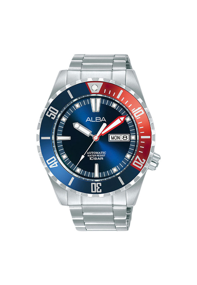 Alba Jam Tangan Pria Alba Mechanical AL4695X1 Automatic Men Pepsi Blue Dial Stainless Steel Strap