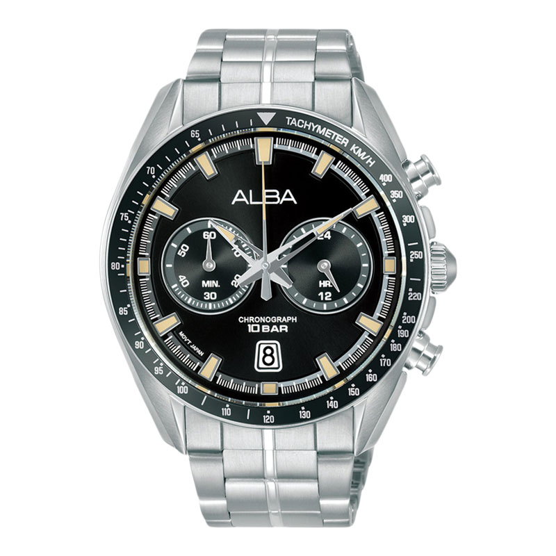 Alba Jam Tangan Pria Alba Signa A4B015X1 Chronograph Men Black Dial Stainless Steel Strap
