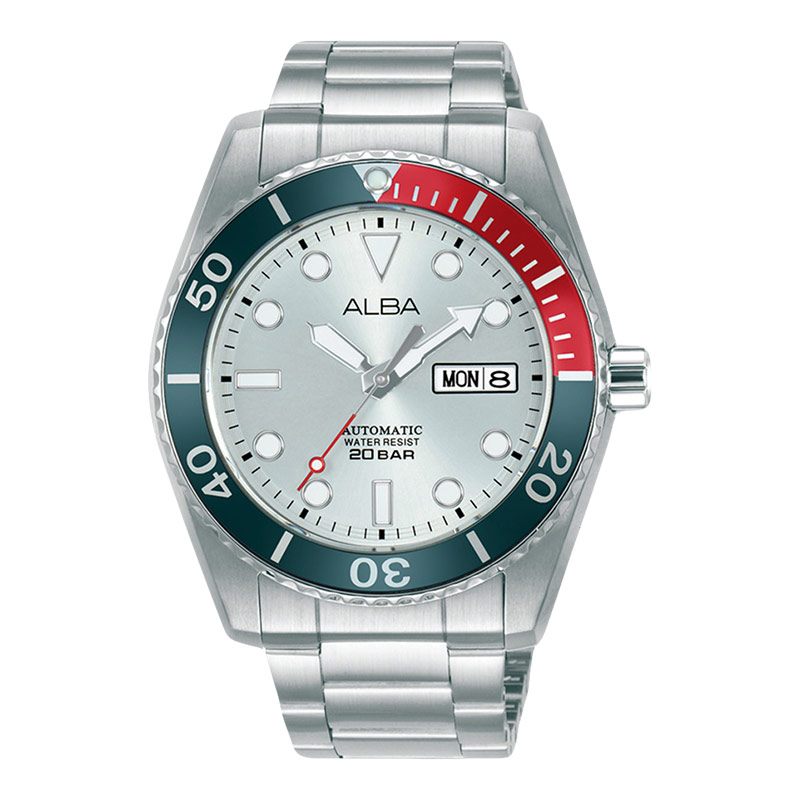 Alba Jam Tangan Pria Alba Mechanical AL4295X1 Automatic Men Pepsi Silver White Dial Stainless Steel 