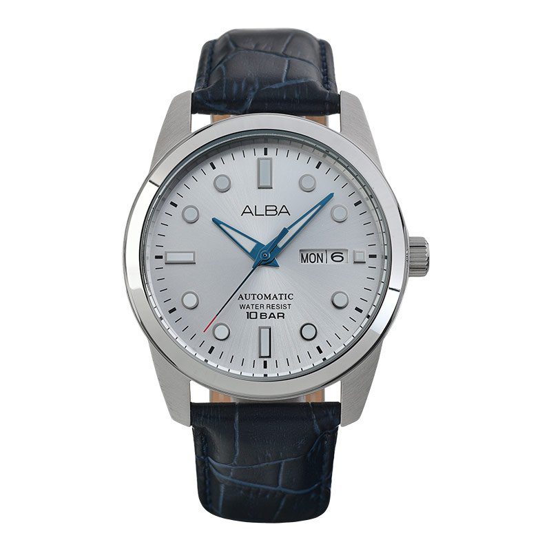 Alba Jam Tangan Pria Alba Mechanical AL4663X1 Men Automatic Silver Dial Blue Leather Strap