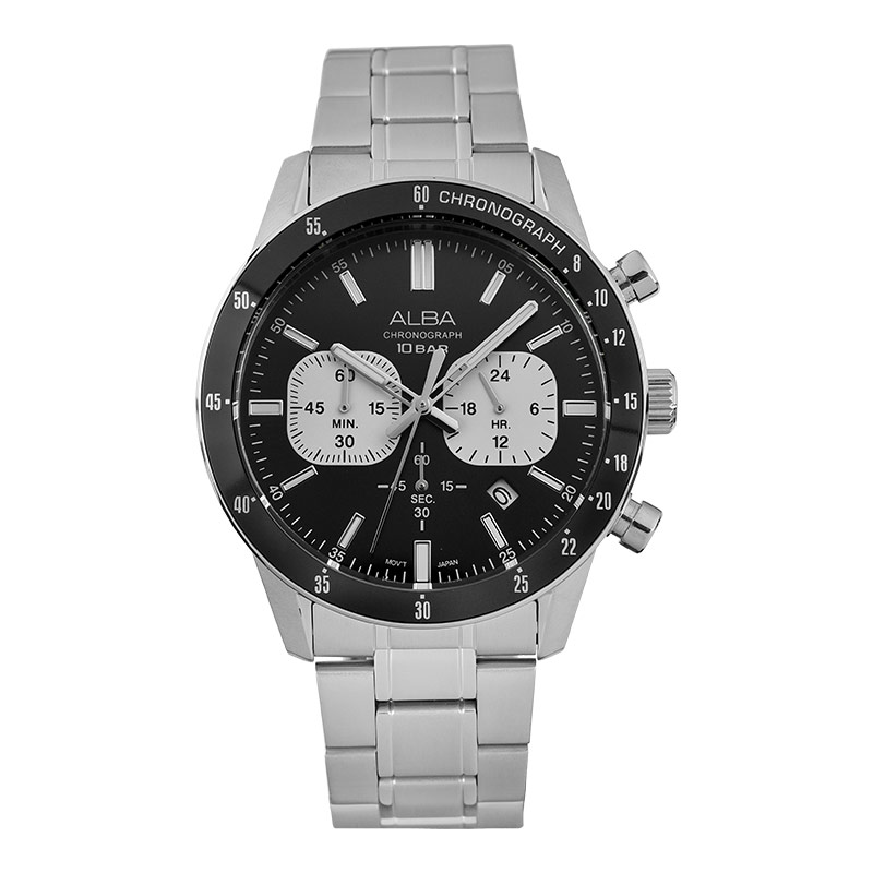 Alba Jam Tangan Pria Alba AT3J79X1 Men Chronograph Panda Dual Tone Dial Stainless Steel Strap