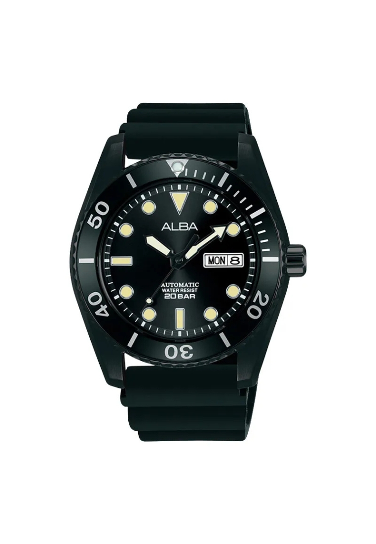 Alba Jam Tangan Pria Alba Mechanical AL4297 AL4297X1 Automatic Men Strap Silicone Black Dial Color H