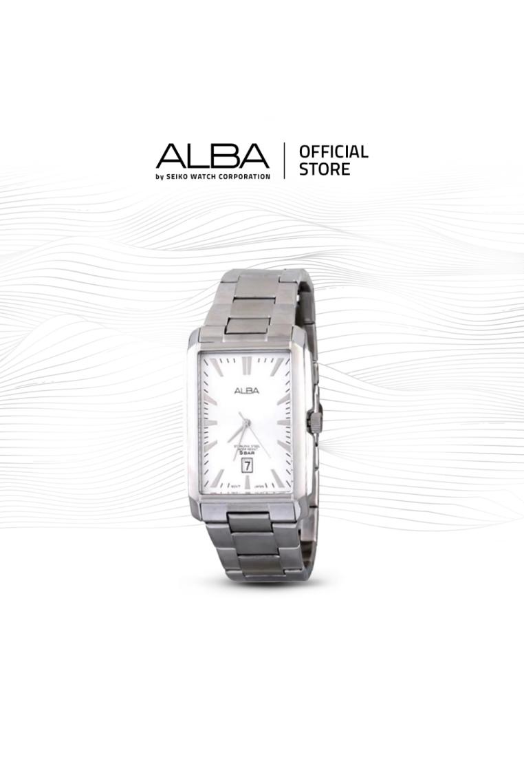 Alba Jam Tangan Pria Kotak AS9711 / AS9711X1 Quartz White Dial Stainless Steel Strap Watch