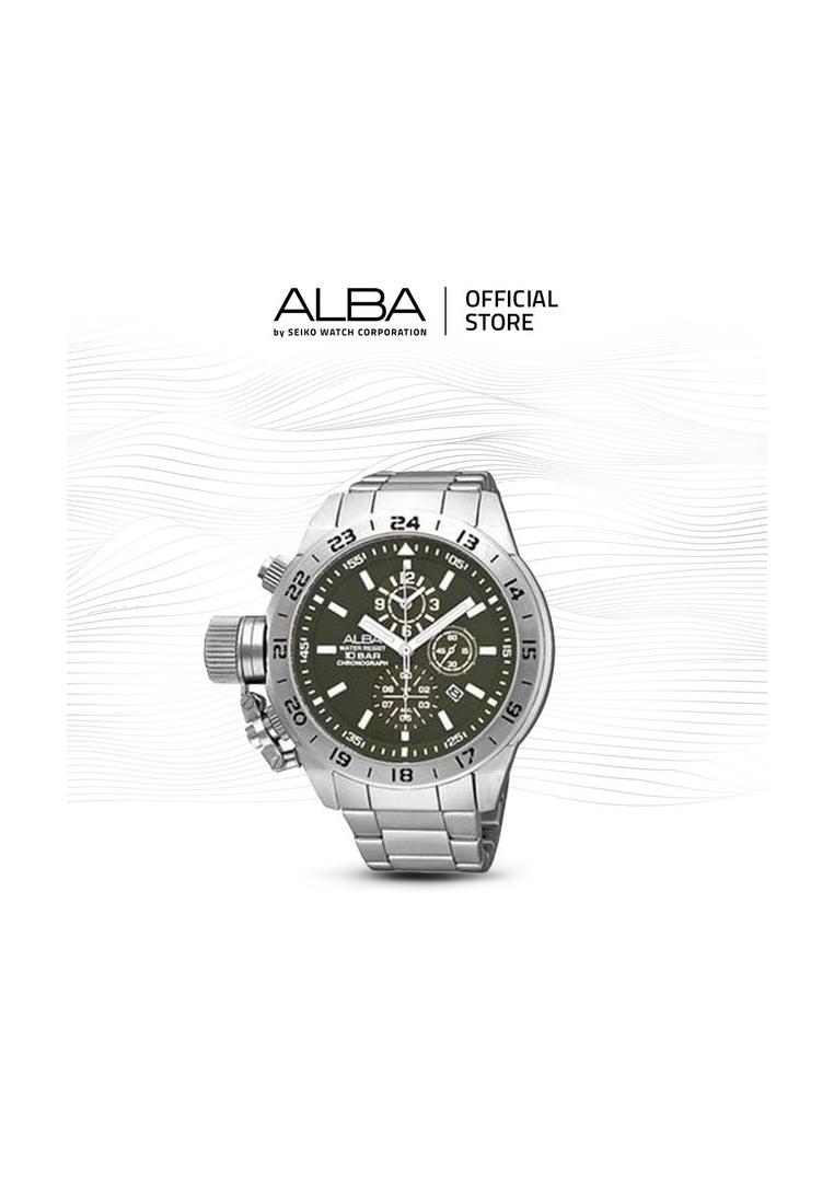 Alba Jam Tangan Pria Chronograph AF8P95 / AF8P95X1 Quartz Black Dial Stainless Steel Strap Watch