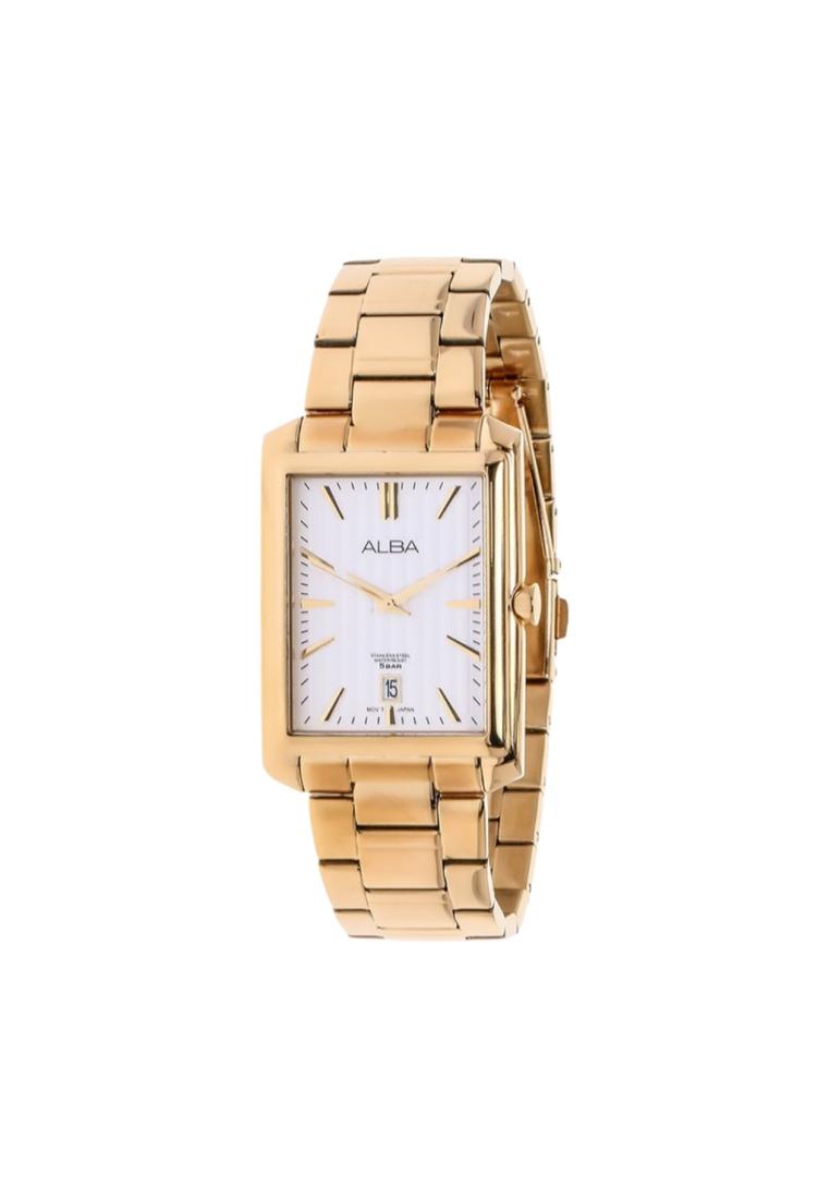 Alba Jam Tangan Pria Kotak AS9B52 / AS9B52X1 Quartz White Pattern Dial Gold Stainless Steel Strap Wa