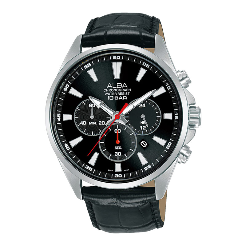 Alba Jam Tangan Pria Alba Active AT3G59X1 Chronograph Men Black Dial Black Leather Strap