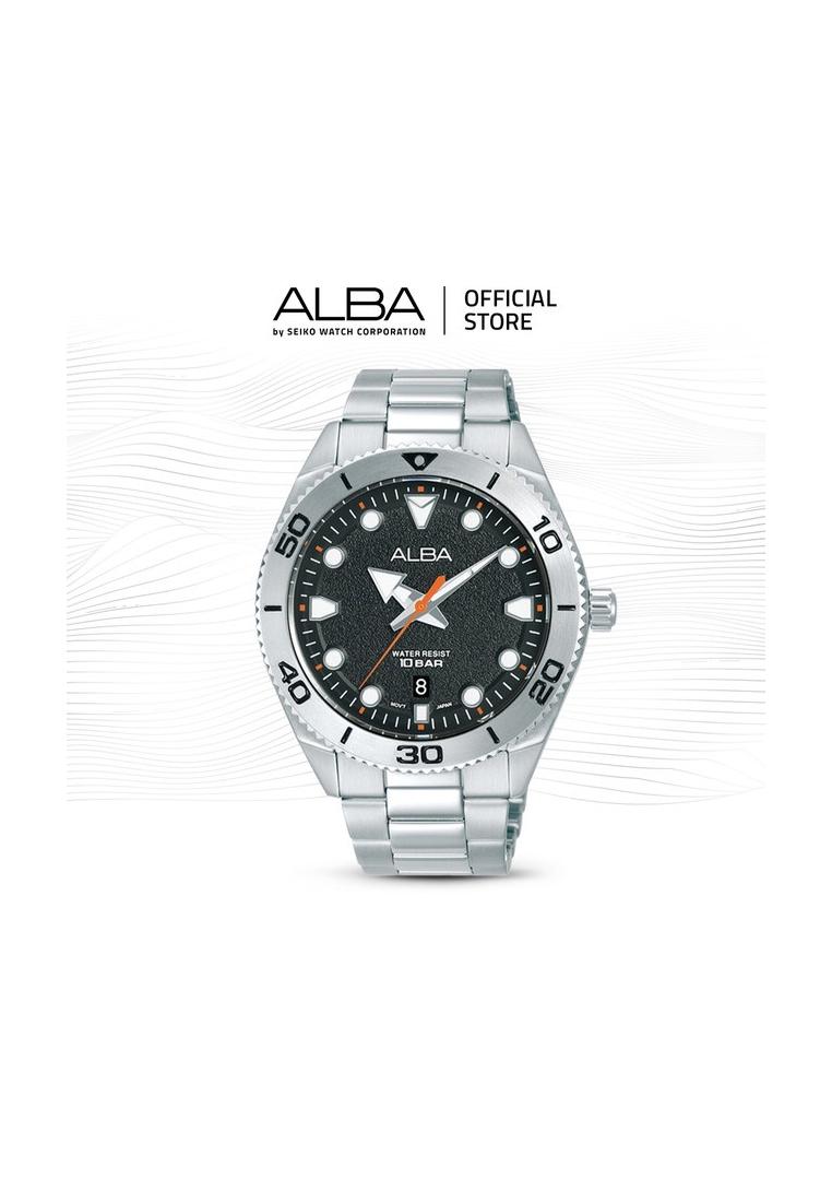Alba Jam Tangan Pria AS9T15 / AS9T15X1 Quartz Black Pattern Dial Stainless Steel Strap Watch