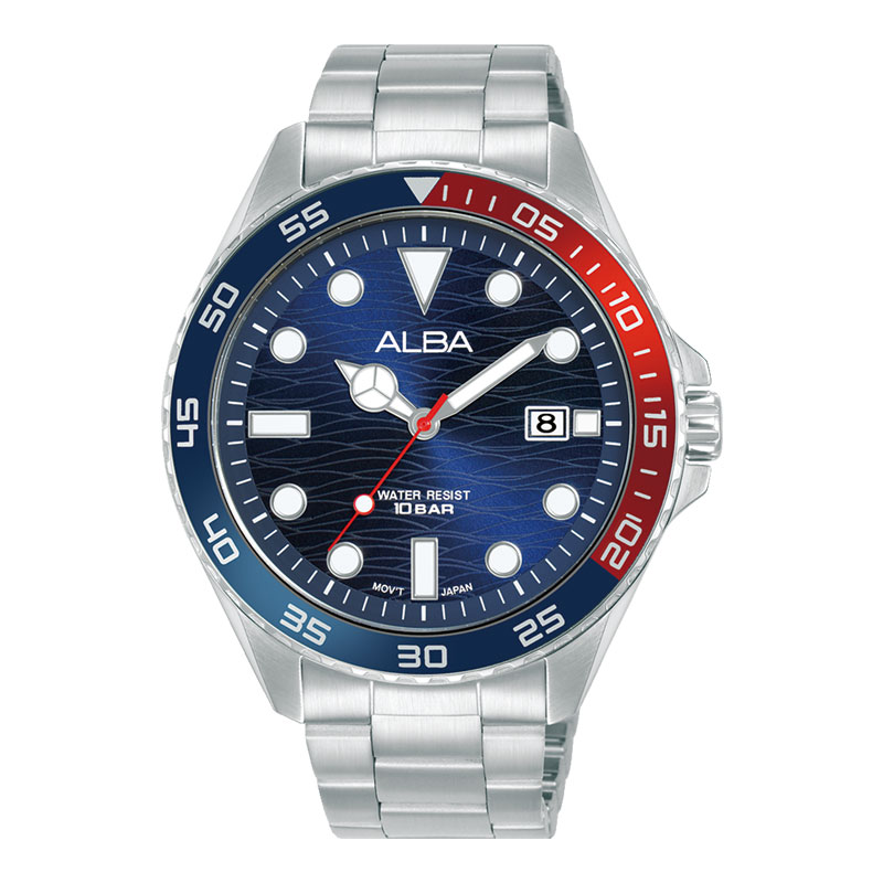 Alba Jam Tangan Pria Alba Active AS9V53X1 Men Blue Dial Pepsi Bezel Stainless Steel Strap