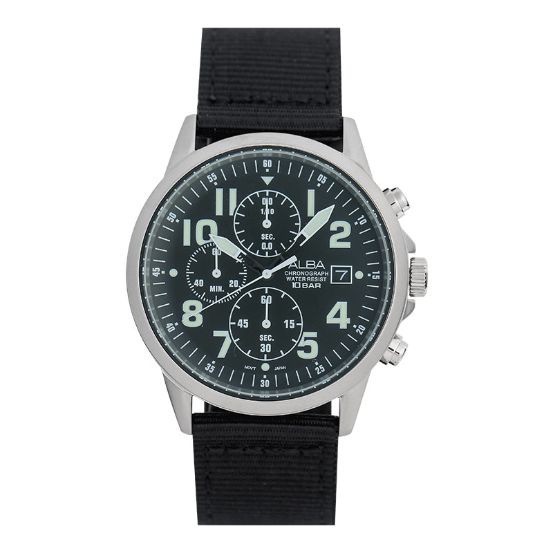 Alba Jam Tangan Pria Alba AM3853X1 Chronograph Men Black Dial Black Nylon Strap