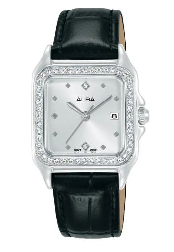 Alba Jam Tangan Wanita Alba Fashion AH7FF3 AH7FF3X1 Women Silver Dial Black Leather Strap Original G
