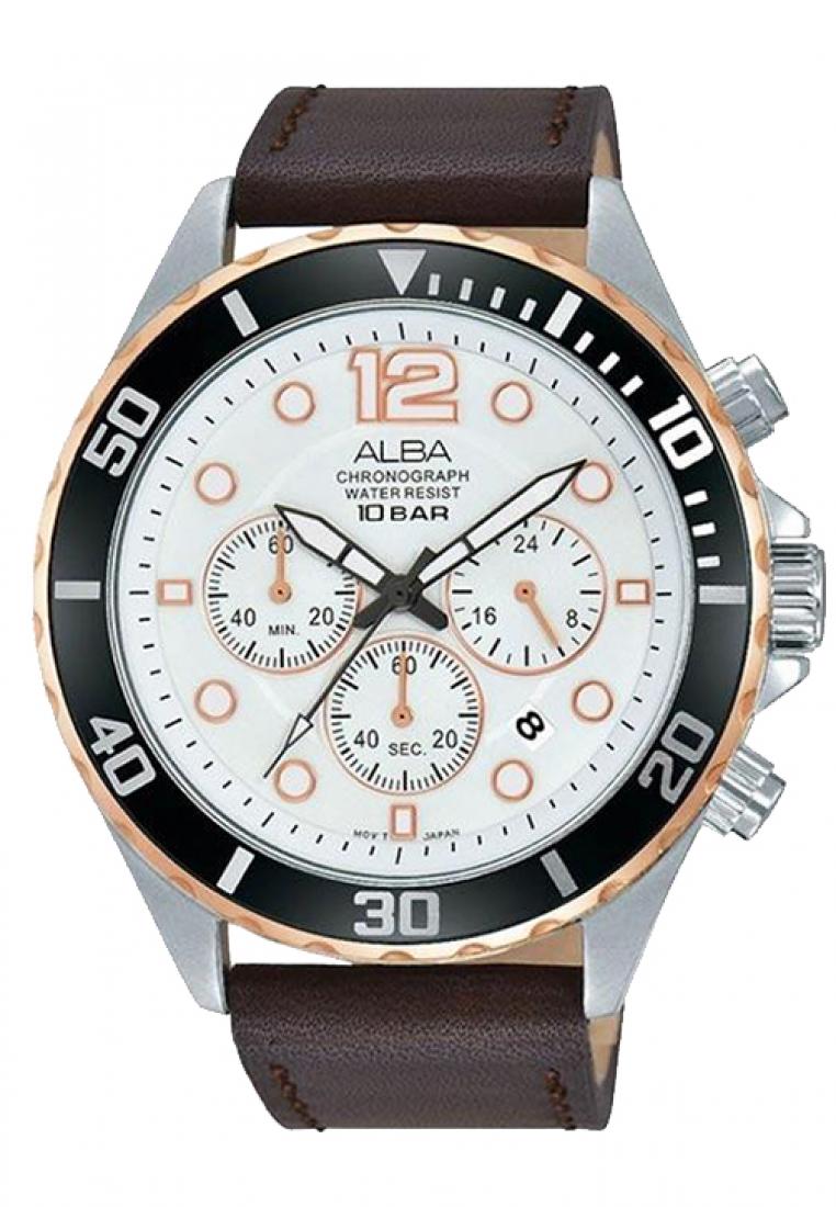 Alba Jam Tangan Pria Alba Chronograph Original Garansi Resmi AT3912 Strap Leather Brown
