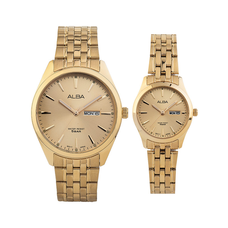 Alba Jam Tangan Couple Alba AN8082X1_AJ6186X1 Couple Gold Dial Gold Stainless Steel Strap