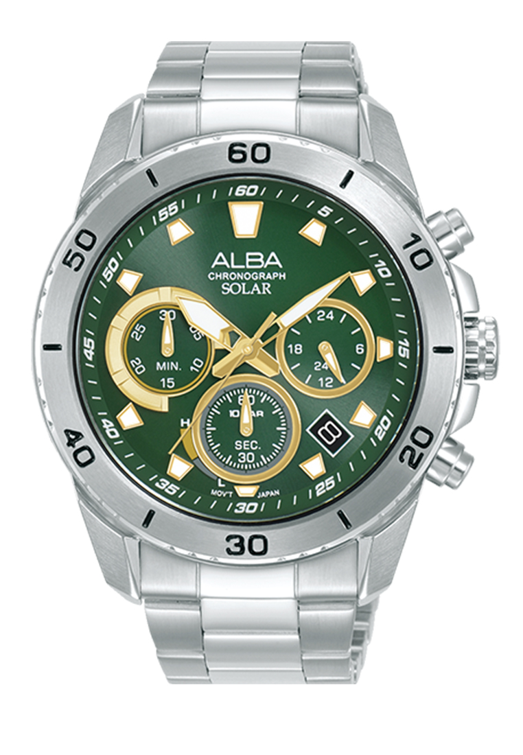 Alba Watches Alba Active Solar Chrono Men Green Dial with White & Gold Accents Silver Stainless Stee