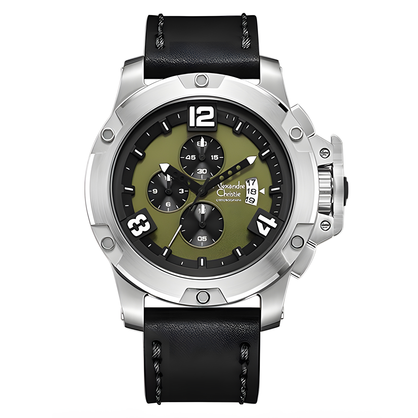 Alexandre Christie Jam Tangan Chronograph Pria - Silver Green - Black Leather Strap - 6295 MCLSSGN