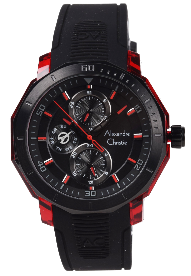 Alexandre Christie - Jam Tangan Pria - Red - Black Rubber Strap - 6552MFRIPREBA