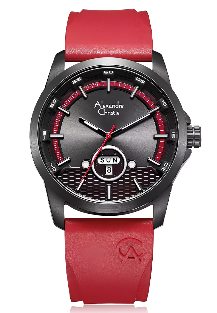 Alexandre Christie - Jam Tangan Pria - Black - Red Rubber Strap - 6656 MERIPBARE
