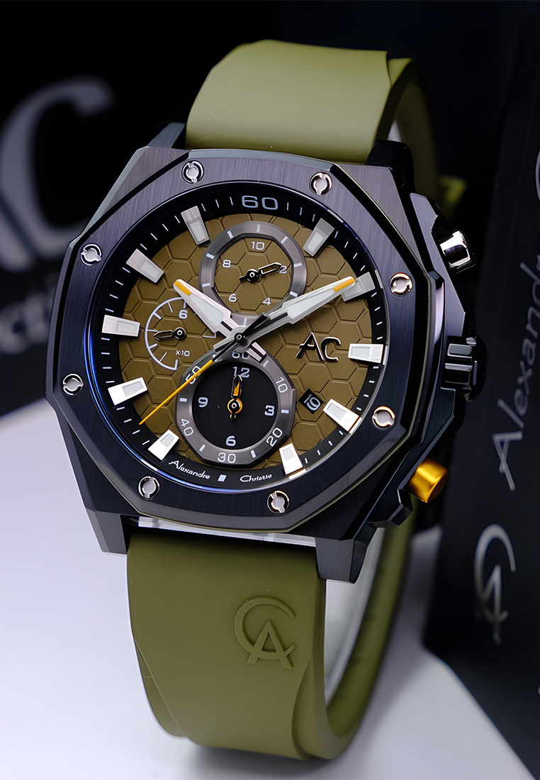 Alexandre Christie Chronograph - Jam Tangan Analog Pria - Black Case - Green Rubber Strap - 9601 GCR