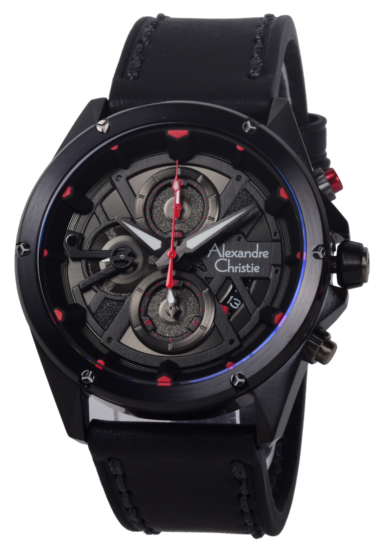 Alexandre Christie - Jam Tangan Chronograph Pria - Black Red - Leather Strap - 6620 MCLIPBARE