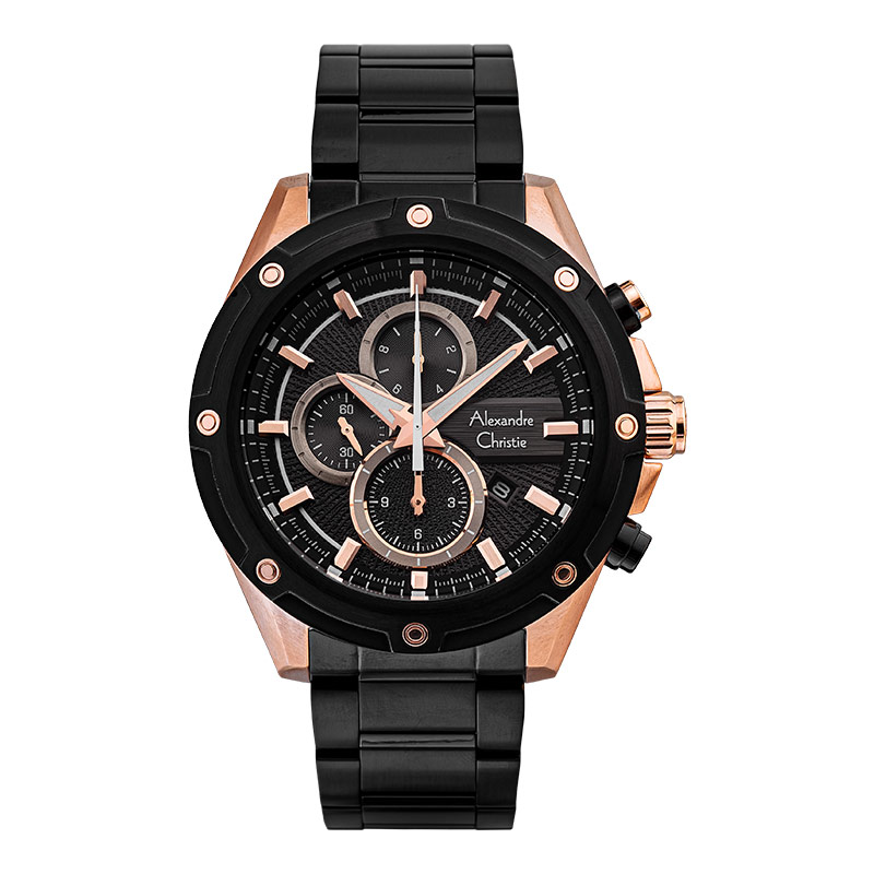 Alexandre Christie Jam Tangan Pria Alexandre Christie AC 6605 MC BBRBA Chronograph Men Black Dial Bl
