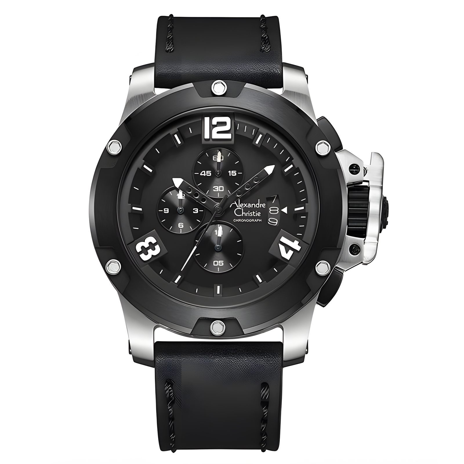 Alexandre Christie - Jam Tangan Chronograph Pria - Silver Black - Leather Strap - 6295 MCLTBBA