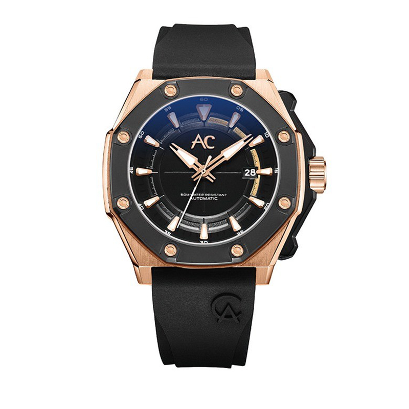 ALEXANDRE CHRISTIE AC 9601 ROSEGOLD BLACK RUBBER AUTOMATIC MARBRBA